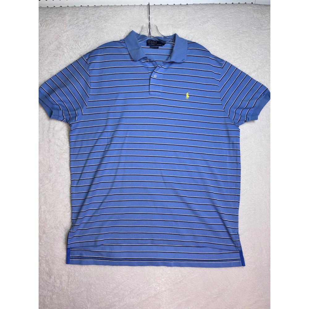 Ralph Lauren Mens XL Pima Cotton Striped Polo Shirt Blue Yellow Pony Logo Y2K